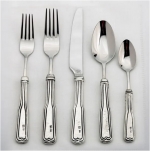 Regent Pewter Five Piece Place Setting Dinner Knife, Dinner Fork, Salad Fork, Table spoon and Tea spoon

Care & Use:  Legacy Pewter flatware is dishwasher safe.  We recommend using the lowest heat setting for both wash and dry cycles, using liquid dishwashing soap without citrus or lemon scents.  So, do not wash in commercial dishwashers that clean with extreme heat.

